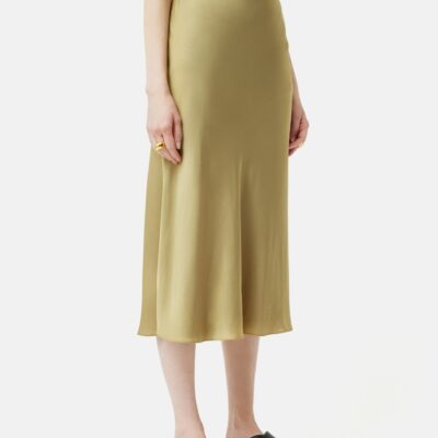 Clothing Jigsaw  | Satin Bias Midi Slip Skirt Khaki