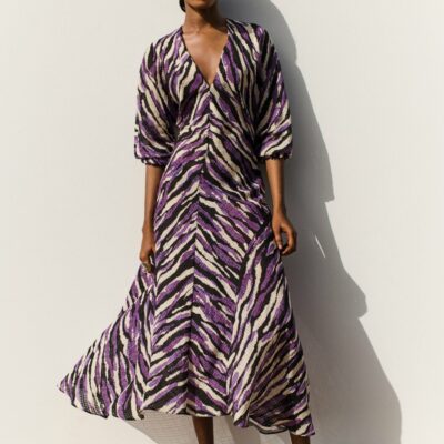 Clothing Jigsaw  | Abstract Zebra Silk Linen Midi Dress Purple